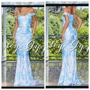 Stunning Off the Shoulder Mermaidcore Floral Baby Blue Sequin Gown